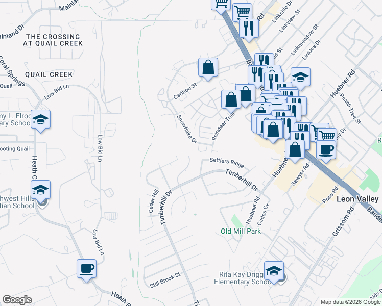 map of restaurants, bars, coffee shops, grocery stores, and more near 6766 Ambling Street in San Antonio