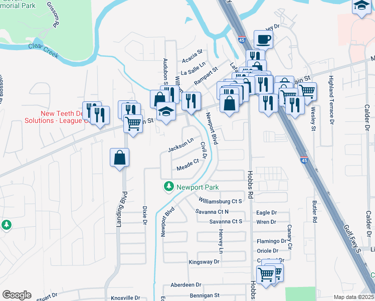 map of restaurants, bars, coffee shops, grocery stores, and more near 2314 Hampton Road in League City