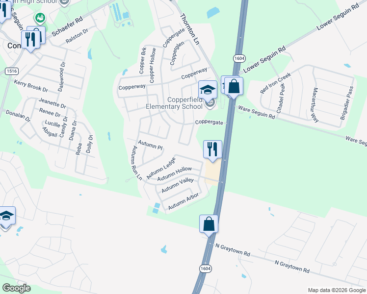 map of restaurants, bars, coffee shops, grocery stores, and more near 7303 Copper Elm in Converse