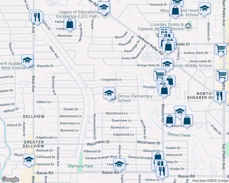 map of restaurants, bars, coffee shops, grocery stores, and more near 254 Dresden Drive in San Antonio