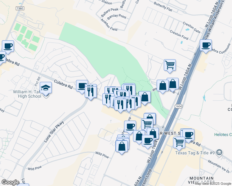 map of restaurants, bars, coffee shops, grocery stores, and more near 11139 Culebra Road in San Antonio