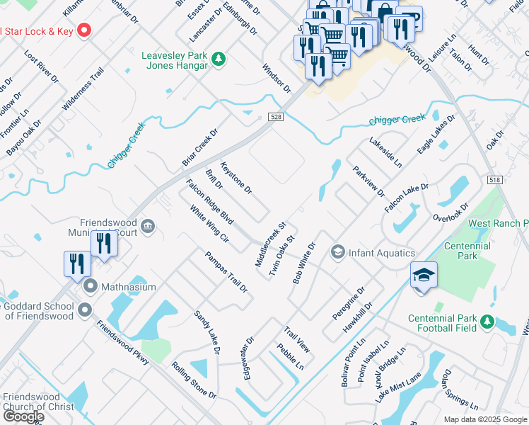 map of restaurants, bars, coffee shops, grocery stores, and more near 1706 Keystone Drive in Friendswood
