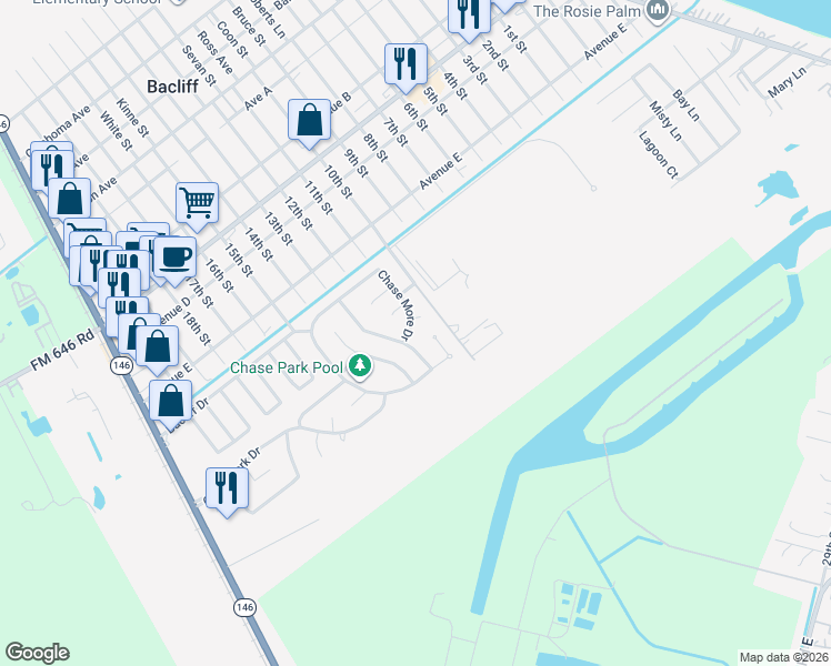 map of restaurants, bars, coffee shops, grocery stores, and more near 4931 Chase More Drive in Bacliff