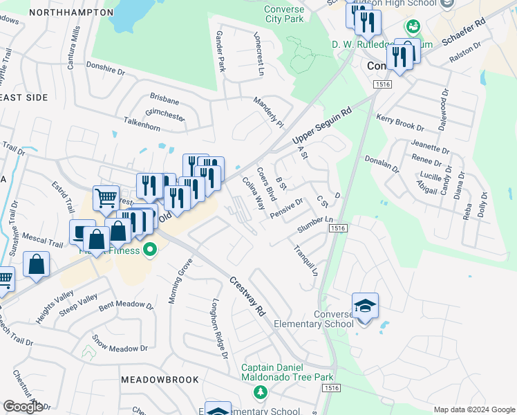 map of restaurants, bars, coffee shops, grocery stores, and more near 7402 Coers Boulevard in Converse