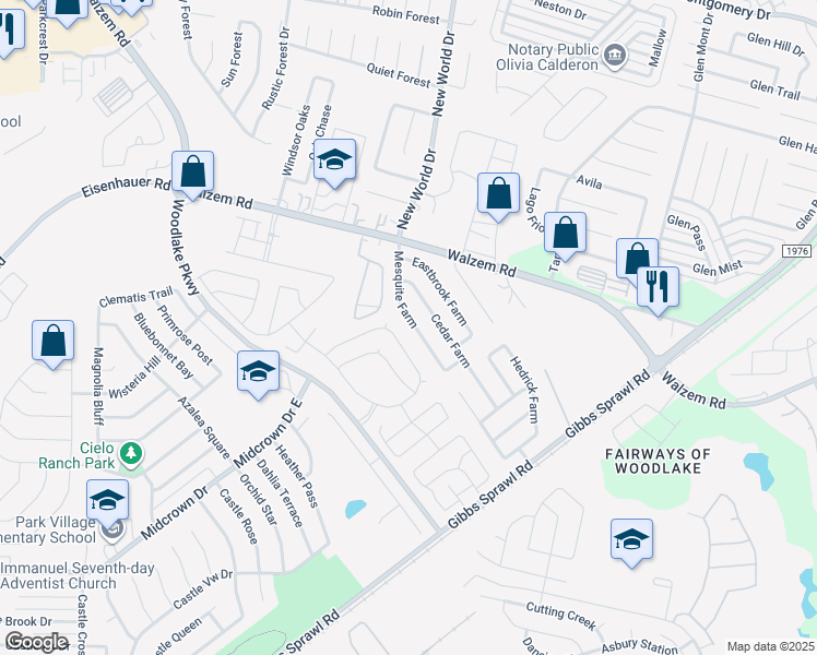 map of restaurants, bars, coffee shops, grocery stores, and more near 7735 Mesquite Farm in San Antonio