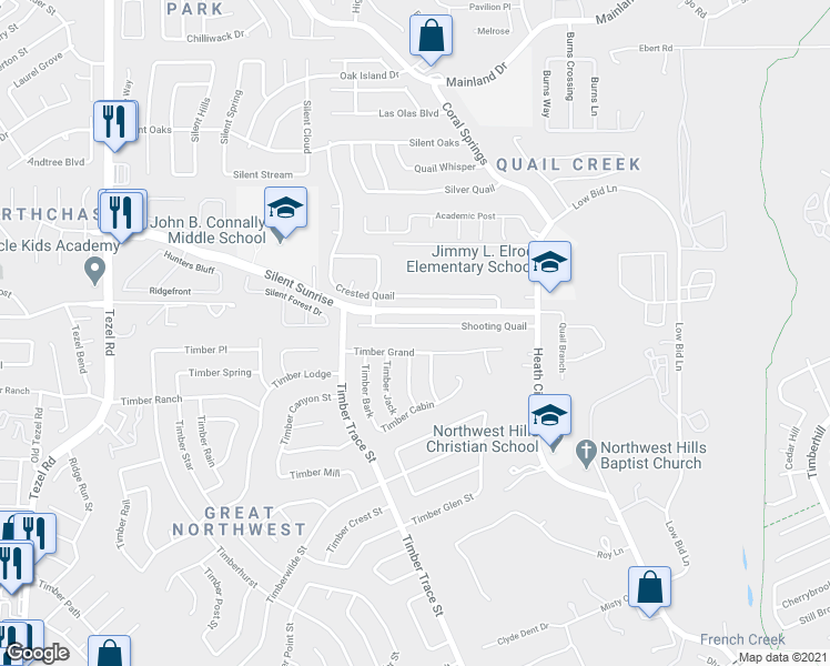 map of restaurants, bars, coffee shops, grocery stores, and more near 8419 Shooting Quail in San Antonio
