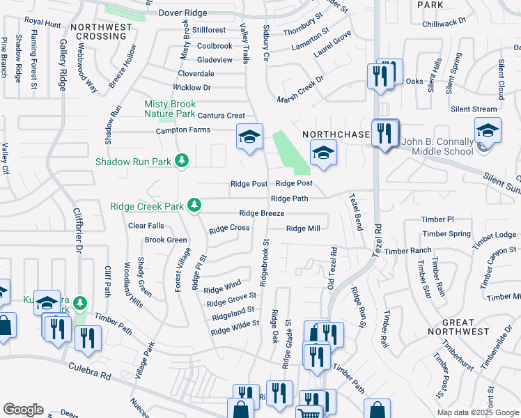 map of restaurants, bars, coffee shops, grocery stores, and more near 9222 Ridge Path in San Antonio