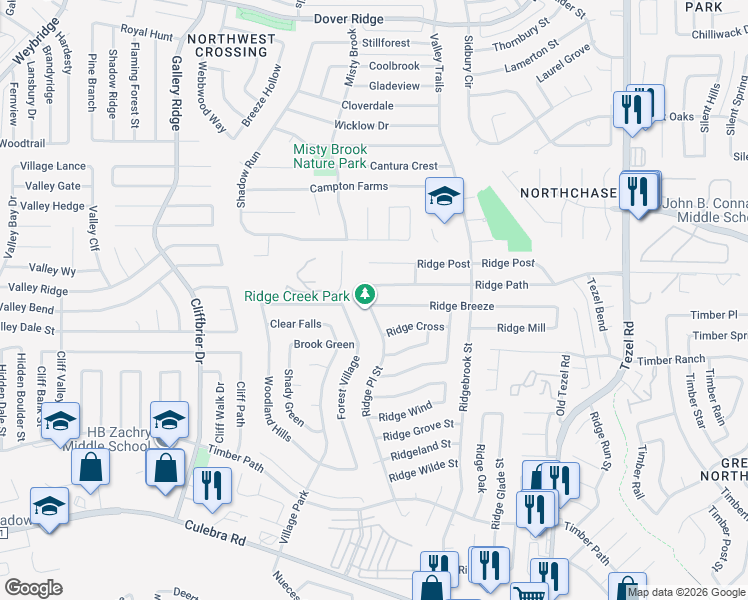 map of restaurants, bars, coffee shops, grocery stores, and more near 9290 Ridge Path in San Antonio
