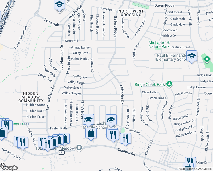 map of restaurants, bars, coffee shops, grocery stores, and more near 9323 Valley Bend in San Antonio