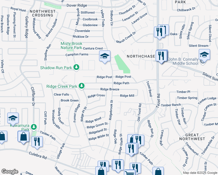 map of restaurants, bars, coffee shops, grocery stores, and more near 9222 Ridge Path in San Antonio