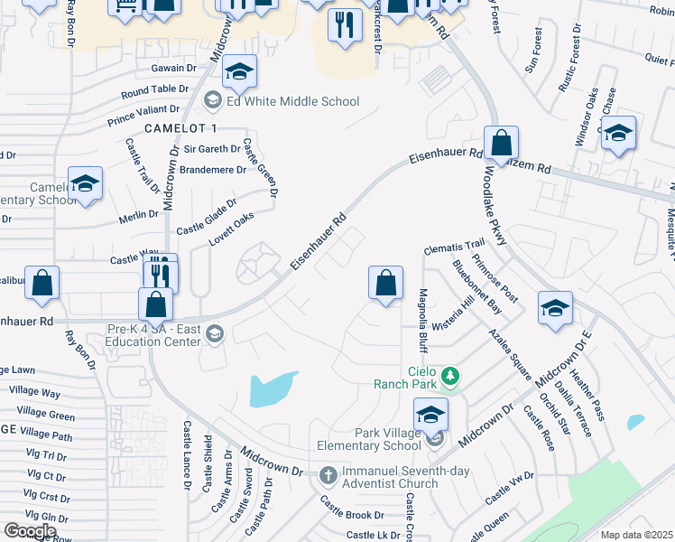 map of restaurants, bars, coffee shops, grocery stores, and more near 7531 Whispine in San Antonio