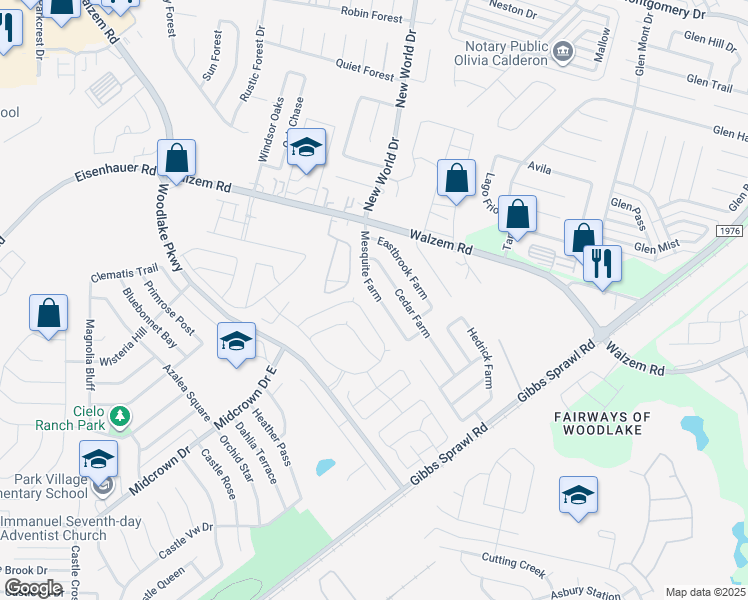 map of restaurants, bars, coffee shops, grocery stores, and more near 7735 Mesquite Farm in San Antonio