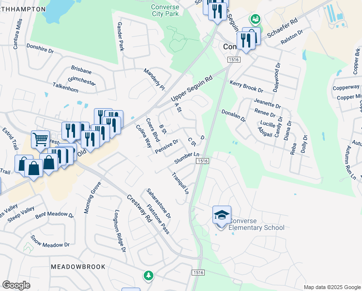 map of restaurants, bars, coffee shops, grocery stores, and more near 200 C in Converse