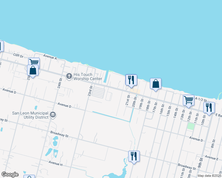 map of restaurants, bars, coffee shops, grocery stores, and more near 2233 East Bay Shore Drive in Dickinson