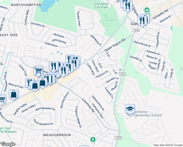 map of restaurants, bars, coffee shops, grocery stores, and more near 7402 Coers Boulevard in Converse