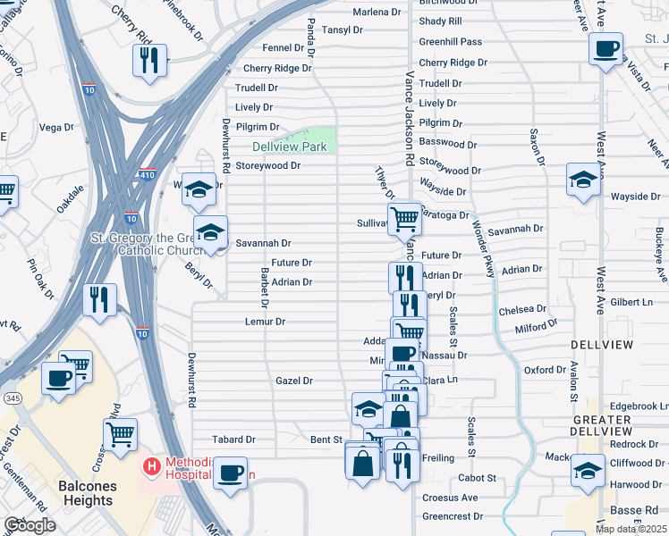 map of restaurants, bars, coffee shops, grocery stores, and more near 415 Future Drive in San Antonio