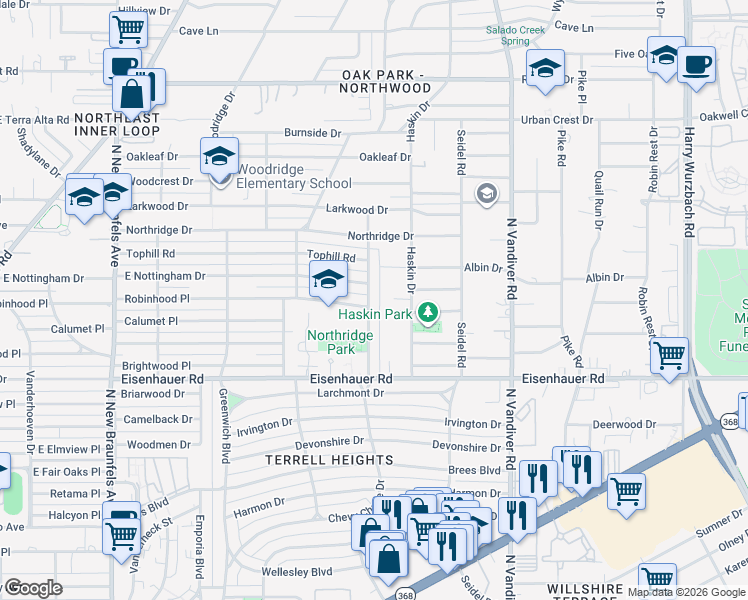 map of restaurants, bars, coffee shops, grocery stores, and more near 910 Chevy Chase Drive in San Antonio