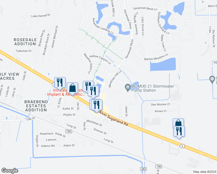map of restaurants, bars, coffee shops, grocery stores, and more near 13821 Montclair Hill Court in Rosharon
