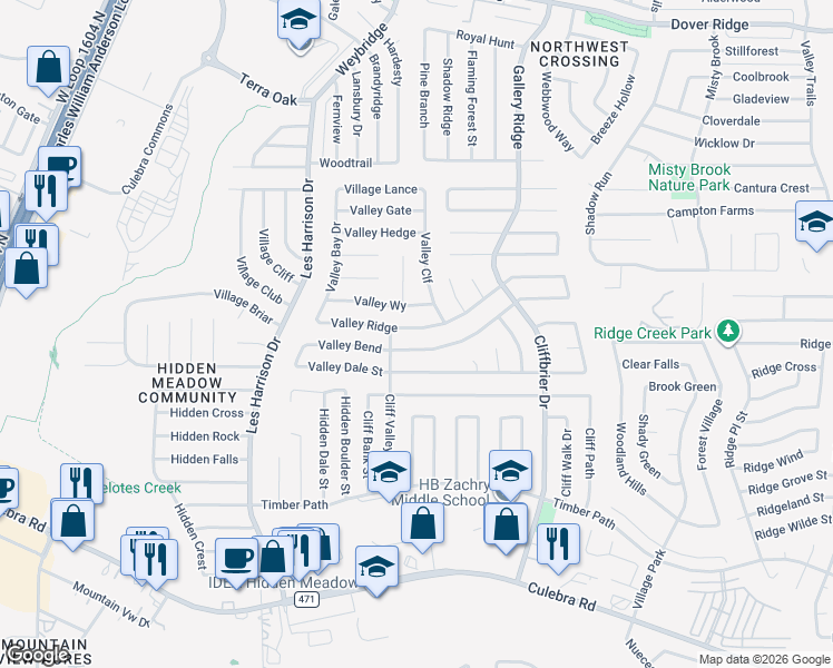 map of restaurants, bars, coffee shops, grocery stores, and more near 9311 Valley Ridge in San Antonio