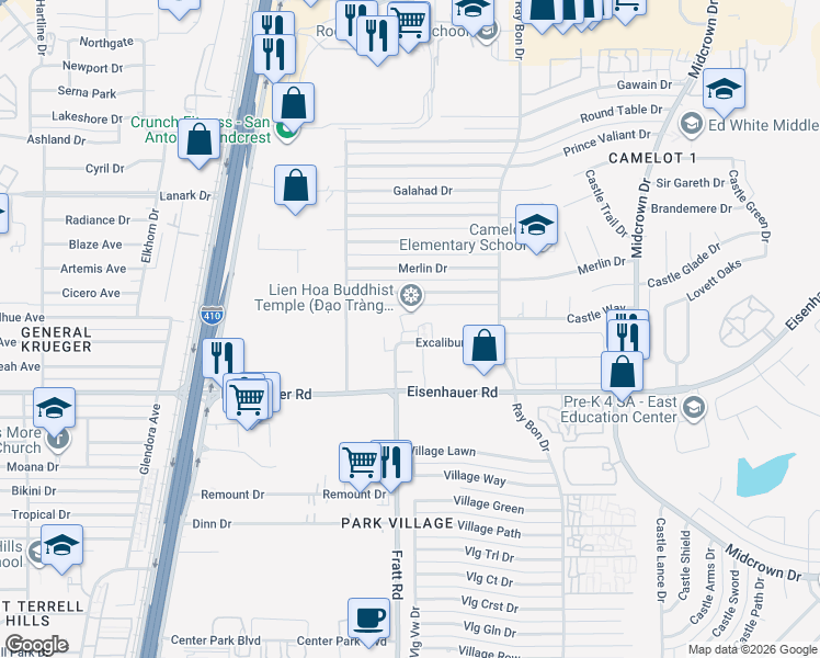 map of restaurants, bars, coffee shops, grocery stores, and more near 5043 Excalibur Drive in San Antonio