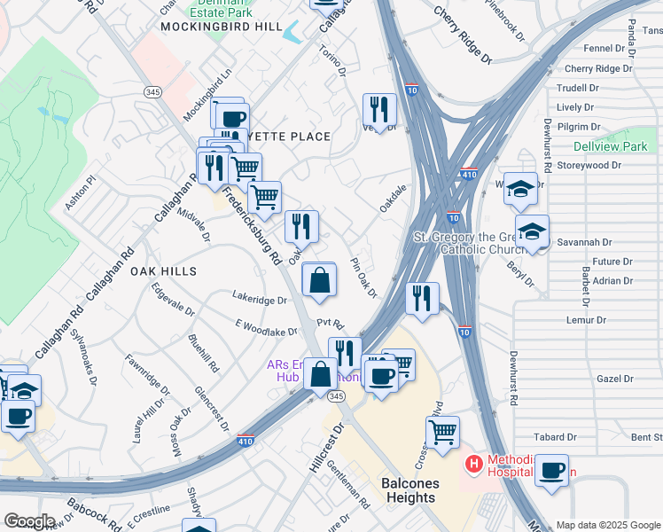 map of restaurants, bars, coffee shops, grocery stores, and more near 4902 Fredericksburg Road in San Antonio