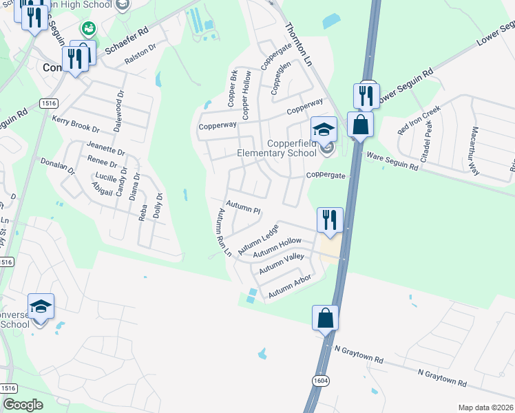 map of restaurants, bars, coffee shops, grocery stores, and more near 9810 Copper Rose in Converse