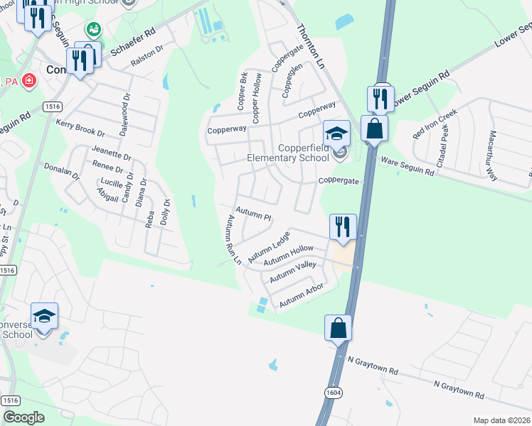 map of restaurants, bars, coffee shops, grocery stores, and more near 9810 Copper Rose in Converse