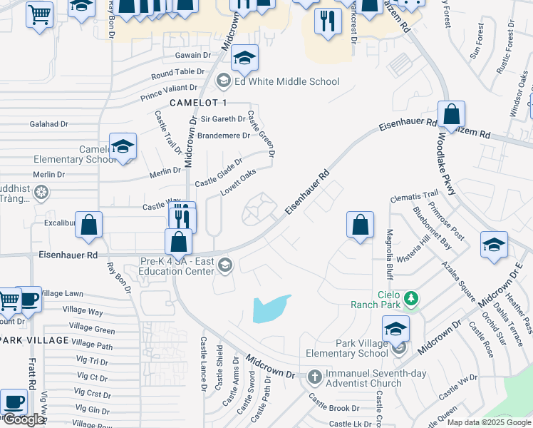 map of restaurants, bars, coffee shops, grocery stores, and more near 5239 Eisenhauer Road in San Antonio