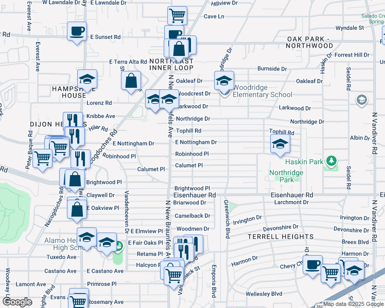 map of restaurants, bars, coffee shops, grocery stores, and more near 503 Robinhood Place in San Antonio