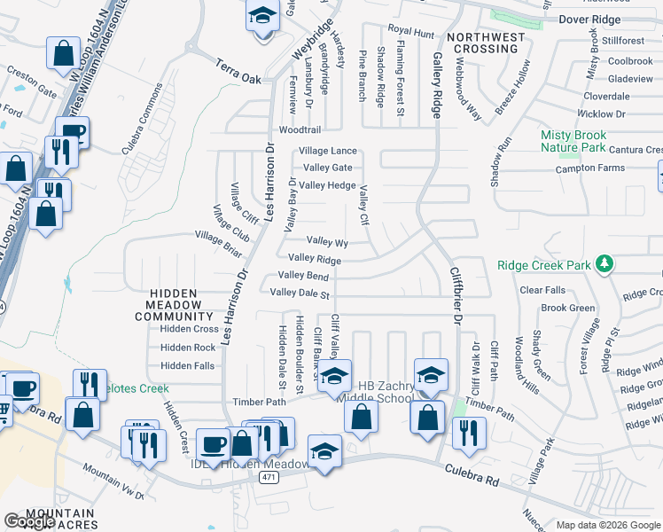 map of restaurants, bars, coffee shops, grocery stores, and more near 9339 Valley Ridge in San Antonio