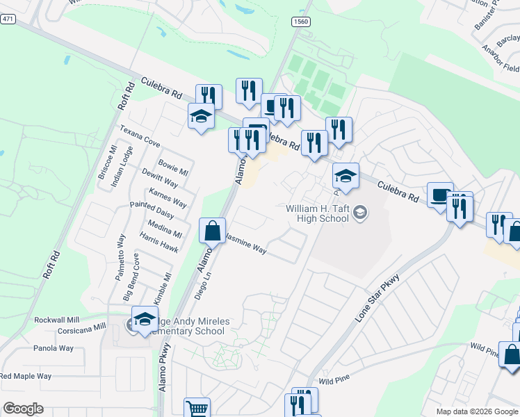 map of restaurants, bars, coffee shops, grocery stores, and more near 11788 Culebra Road in San Antonio