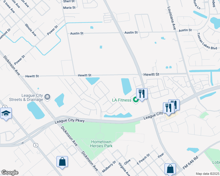 map of restaurants, bars, coffee shops, grocery stores, and more near 1624 Volterra Lane in League City
