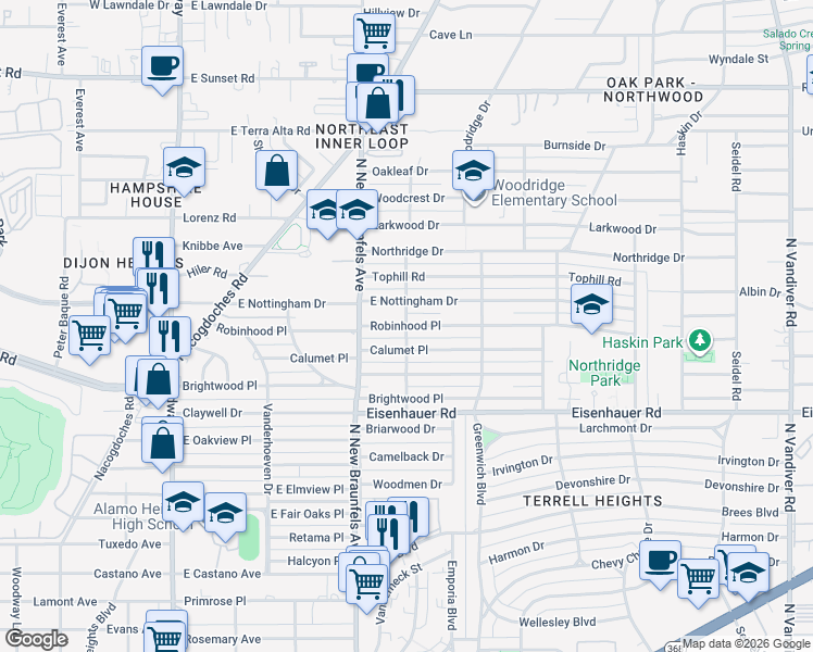 map of restaurants, bars, coffee shops, grocery stores, and more near Robinhood Place in San Antonio