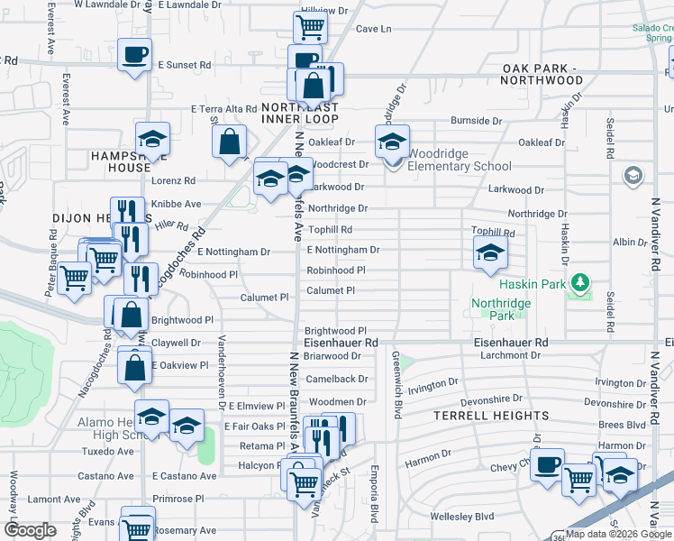 map of restaurants, bars, coffee shops, grocery stores, and more near Robinhood Place in San Antonio