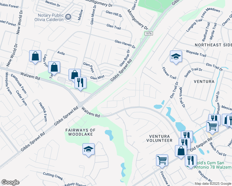 map of restaurants, bars, coffee shops, grocery stores, and more near 7335 Braes Corner in San Antonio