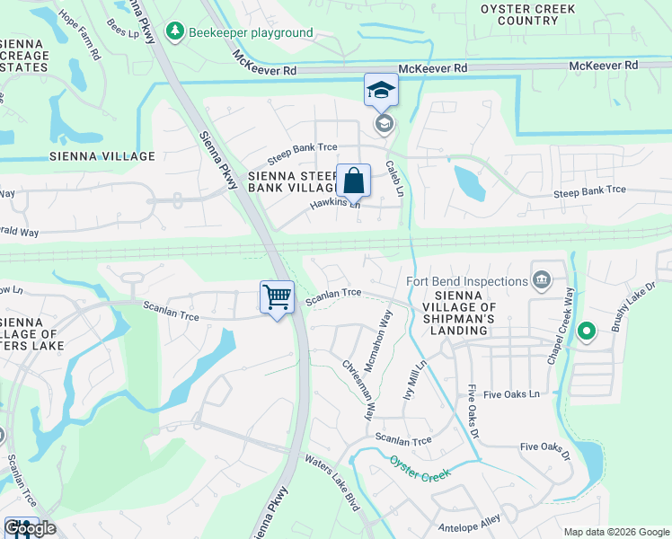 map of restaurants, bars, coffee shops, grocery stores, and more near 3422 Powell Way in Missouri City