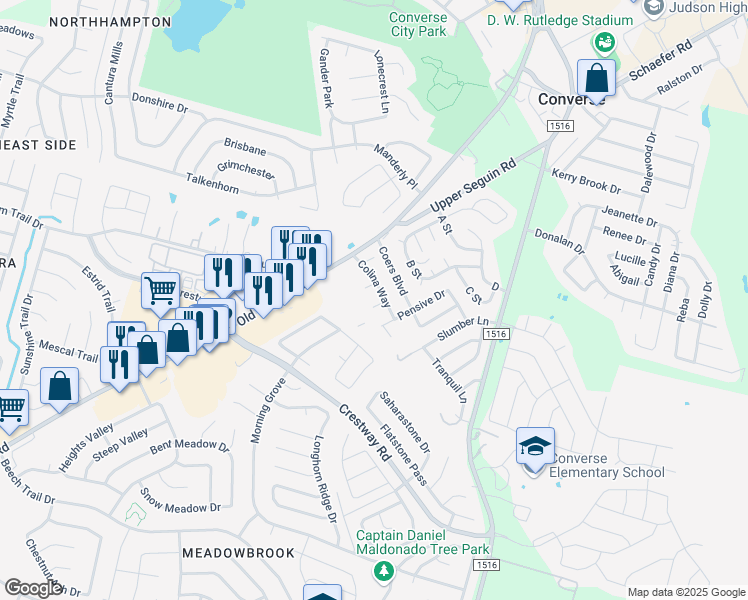 map of restaurants, bars, coffee shops, grocery stores, and more near 8702 Vista De Nubes in Converse