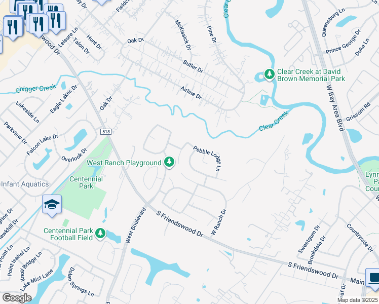 map of restaurants, bars, coffee shops, grocery stores, and more near 216 Mesquite Falls Lane in Friendswood