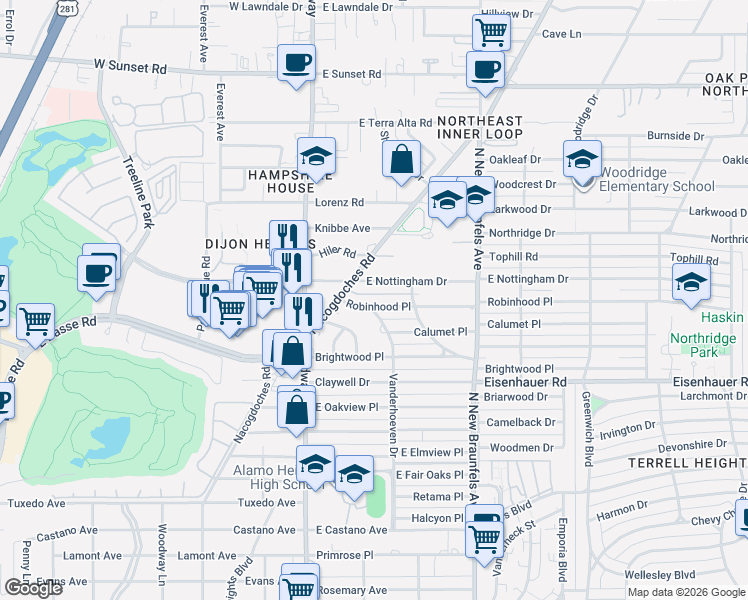 map of restaurants, bars, coffee shops, grocery stores, and more near 209 Robinhood Place in San Antonio