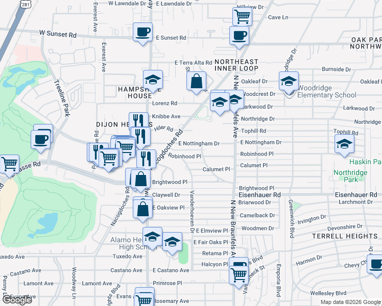 map of restaurants, bars, coffee shops, grocery stores, and more near 209 Robinhood Place in San Antonio