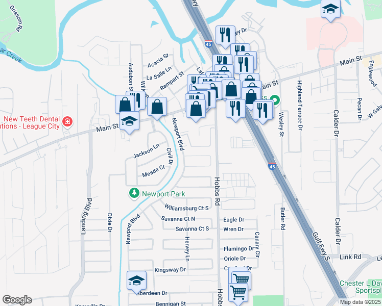map of restaurants, bars, coffee shops, grocery stores, and more near 305 Hobbs Road in League City