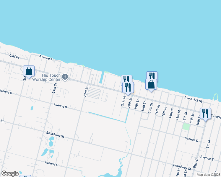 map of restaurants, bars, coffee shops, grocery stores, and more near 2233 East Bay Shore Drive in Dickinson