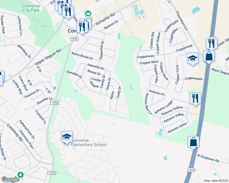 map of restaurants, bars, coffee shops, grocery stores, and more near 446 Dolly Drive in Converse