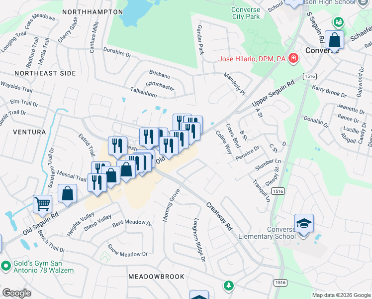 map of restaurants, bars, coffee shops, grocery stores, and more near 8597 Farm to Market Road 78 in Converse