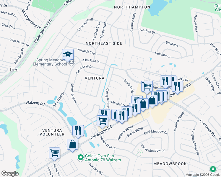 map of restaurants, bars, coffee shops, grocery stores, and more near 7311 Shadow Trail in San Antonio