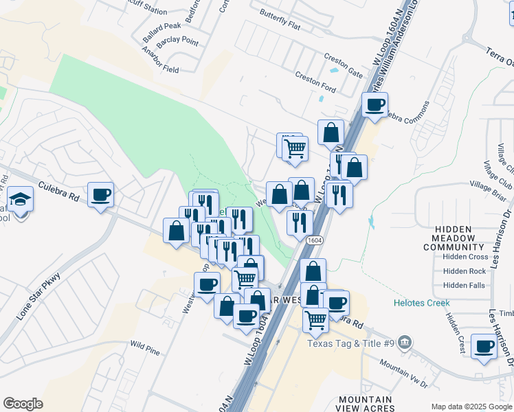 map of restaurants, bars, coffee shops, grocery stores, and more near 6511 West Loop 1604 North in San Antonio