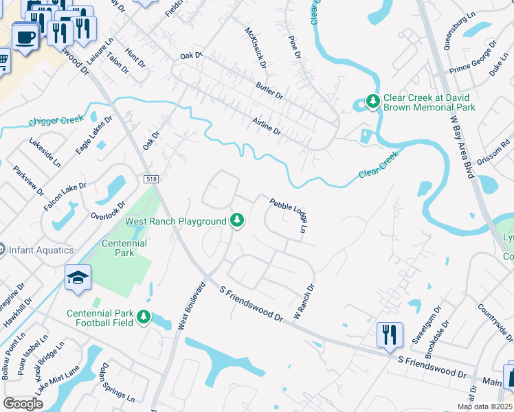 map of restaurants, bars, coffee shops, grocery stores, and more near 216 Mesquite Falls Lane in Friendswood
