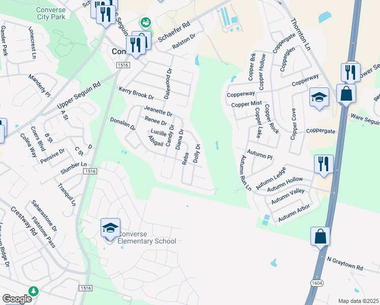 map of restaurants, bars, coffee shops, grocery stores, and more near 446 Dolly Drive in Converse