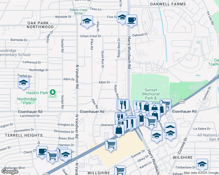 map of restaurants, bars, coffee shops, grocery stores, and more near 3215 Bent Bow Drive in San Antonio