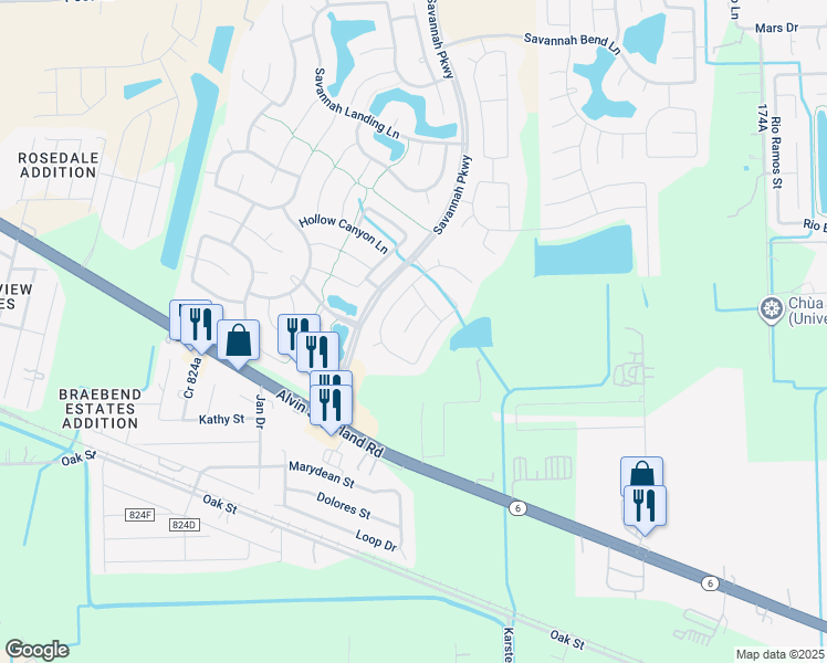 map of restaurants, bars, coffee shops, grocery stores, and more near 5731 Richfield Park Court in Rosharon